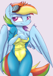  2016 absurd_res anthro anthrofied blue_body blue_feathers bodysuit breasts cleavage clothed clothing equid equine feathered_wings feathers female friendship_is_magic hasbro hi_res mammal mistydash my_little_pony mythological_creature mythological_equine mythology off_shoulder pegasus rainbow_dash_(mlp) seductive skinsuit solo tight_clothing unzipped wings zipper 