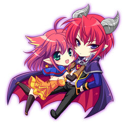  1boy ahoge alice_wishheart black_legwear blush cape chibi commentary_request crusade_ashford earrings expressionless female full_body green_eyes hand_on_own_hip horns jewelry lowres magical_halloween no_nose orange_skirt pants pink_hair pointy_ears purple_eyes red_cape red_hair shoes short_hair skirt smile star_(symbol) star_earrings thighhighs tokinon zettai_ryouiki 