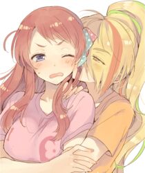  2girls azuki_(aduki) bad_id bad_twitter_id blonde_hair blue_eyes blush collarbone commentary_request eyes_visible_through_hair floral_print green_ribbons hair_ribbon hug hug_from_behind kissing kissing_cheek light_green_hair long_hair minamoto_sakura multicolored_hair multiple_girls nikaidou_saki one_eye_closed orange_eyes orange_hair orange_shirt pink_shirt polka_dot polka_dot_ribbon red_hair red_ribbon ribbon shirt short_sleeves streaked_hair sweat v-shaped_eyebrows white_background yuri zombie_land_saga 