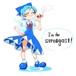  between_fingers blue_bow blue_dress blue_hair bow cigar circled_9 cirno cirno_(cosplay) commentary_request cosplay dress english_text female frills full_body hairbow hand_on_own_hip holding mary_janes nappooz neck_ribbon peacock_(skullgirls) puffy_sleeves red_ribbon ribbon shoes short_hair simple_background skullgirls smile smoking smug solo speech_bubble touhou white_background wings 