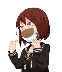  applying_gag black_sailor_collar breasts brown_hair commentary_request cross-laced_clothes female gag gagged hair_between_eyes hoojiro_(found1093) improvised_gag long_sleeves mask mouth_mask original photoshop_(medium) pink_eyes sailor_collar school_uniform self_bondage serafuku short_hair simple_background small_breasts solo surgical_mask tape tape_gag unworn_mask upper_body white_background 