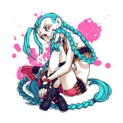  bandaid bandaid_on_knee bandaid_on_leg bandolier blue_hair boots braid bullet combat_boots commentary_request female fingerless_gloves flat_chest forehead full_body gloves grin hair_in_own_mouth highres jewelry jinx_(league_of_legends) league_of_legends long_hair looking_at_viewer nail_polish nappooz necklace paint_splatter purple_nails red_eyes smile solo stomach twin_braids very_long_hair white_background 