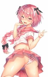  1boy :d ass astolfo_(fate) astolfo_(sailor_paladin)_(fate) bare_legs black_ribbon blush braid commentary_request fate/apocrypha fate/grand_order fate_(series) from_behind from_below hair_ribbon highres long_hair looking_at_viewer looking_back male_focus midriff neckerchief ntk_(7t5) oerba_yun_fang official_alternate_costume open_mouth otoko_no_ko panties pink_eyes pink_hair pink_neckerchief pink_skirt pleated_skirt red_sailor_collar red_skirt ribbon sailor_collar school_uniform serafuku shiny_skin shirt short_sleeves simple_background single_braid skirt sleeve_cuffs smile solo striped_clothes striped_panties underwear upskirt v white_background white_hair white_shirt 