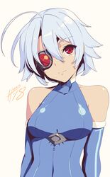  ahoge bare_shoulders blazblue bodysuit breasts commentary eyepatch female grey_hair hell_machina highres long_hair looking_at_viewer nu-13 red_eyes signature small_breasts smile solo very_long_hair 