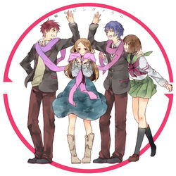  2boys 2girls bad_id bad_pixiv_id blazer blue_hair brown_hair green_eyes jacket long_hair mawaru_penguindrum multiple_boys multiple_girls necktie oginome_ringo purple_eyes red_hair scarf school_uniform serafuku shared_clothes shared_scarf short_hair siblings takakura_himari takakura_kanba takakura_shouma uri_253 