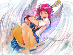  angel_beats! barefoot closed_eyes commentary_request female guitar instrument iwasawa_masami jippei red_hair school_uniform serafuku shinda_sekai_sensen_uniform short_hair sleeves_rolled_up solo wings 