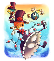  avery_(skullgirls) between_fingers bloomers bomb bow cigar commentary_request dress explosive extra_eyes eye_socket female frilled_dress frills george_the_bomb gloves hand_on_headwear hand_up hat holding looking_at_viewer mechanical_arms nappooz one_eye_closed orange_hair peacock_(skullgirls) red_eyes ribbon sharp_teeth short_hair skullgirls smile teeth top_hat white_gloves 