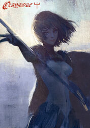  armor breasts cape clare_(claymore) claymore_(series) commentary_request copyright_name female painterly photoshop_(medium) short_hair simple_background small_breasts solo sword weapon yinwoeren 