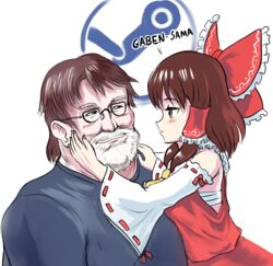  1boy aged_up ascot bare_shoulders beard blush bow brown_hair commentary detached_sleeves english_commentary facial_hair fat fat_man female gabe_newell glasses hair_tubes hairbow hakurei_reimu hands_on_another&#039;s_face long_hair looking_at_another medium_hair nontraditional_miko obese profitshame red_shirt ribbon-trimmed_sleeves ribbon_trim sarashi shirt steam_(platform) touhou what white_hair yellow_ascot 