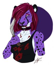  anthro blood bodily_fluids cheetah clothed clothing collar dotsfa fangs felid feline female hair hair_over_eye hi_res knife looking_at_viewer mammal one_eye_obstructed open_mouth simple_background solo teeth tongue 