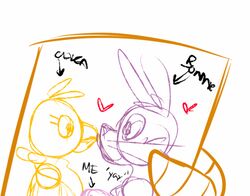  animatronic avian bird bonnie_(fnaf) character_name chica_(fnaf) chicken directional_arrow drawing duo female five_nights_at_freddy&#039;s galliform gallus_(genus) heart_symbol holding_art holding_object kissing lagomorph leporid machine male male/female mammal phasianid rabbit red_heart robot scottgames shared_heart text toy-bonnie 