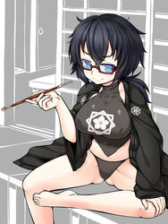  amau_(kosmos) barefoot black_hair black_jacket black_panties blue_eyes breasts chinese_clothes collarbone commentary_request crop_top dudou female girls_und_panzer glasses halterneck haori highres jacket japanese_clothes kiseru large_breasts long_sleeves looking_at_viewer low_ponytail oryou_(girls_und_panzer) panties red-framed_eyewear sakamoto_clan_(emblem) sitting smoking_pipe solo underwear 