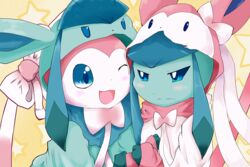  blue_eyes blush clothed_pokemon commentary_request cosplay glaceon glaceon_(cosplay) no_humans one_eye_closed pokemon pokemon_(creature) prehensile_ribbon ribbon suisujin sylveon sylveon_(cosplay) 