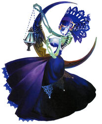  black_sclera blue_dress blue_hair blue_lips blue_skin breasts concept_art crescent dress female george_kamitani huge_breasts large_breasts odette_(odin_sphere) odin_sphere partial_skeleton pointy_ears purple_eyes red_eyes simple_background skeleton solo tied_hair vanillaware 