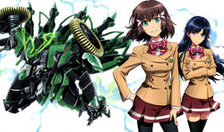  2girls absurdres black_hair black_legwear bow bowtie brown_hair crossed_arms green_eyes hair_ornament hand_on_own_hip highres kakumeiki_valvrave long_hair looking_at_viewer mecha miniskirt multiple_girls official_art pantyhose parted_lips photoshop_(medium) purple_eyes robot rukino_saki sashinami_shouko school_uniform skirt smile suzuki_takuya thighhighs valvrave_iv white_background zettai_ryouiki 