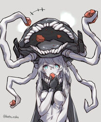  +++ abyssal_ship bauxite bodysuit breasts cape colored_skin commentary_request eating female grey_hair hat headgear kantai_collection katoroku long_hair medium_breasts monster open_mouth pale_skin solo teeth tentacle white_hair white_skin wo-class_aircraft_carrier 