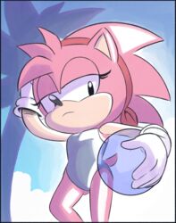  2018 absurd_res accessory amy_rose anthro ball beach_ball black_eyes blue_border border classic_amy_rose classic_sonic_(universe) clothing eulipotyphlan eyelashes female fur gloves hair hair_accessory hairband half-closed_eyes hand_on_head handwear hedgehog hi_res inflatable looking_at_viewer looking_down low-angle_view mammal narrowed_eyes ninoeros one-piece_swimsuit pink_body pink_fur pink_hair pose quills_(anatomy) sega short_hair solo sonic_the_hedgehog_(series) swimwear young 