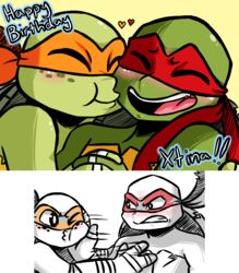  2017 alpha_channel anthro bandana blush clothed clothing duo english_text freckles hand_holding hand_wraps heart_symbol inkyfrog kerchief male male/male mask michelangelo_(tmnt) notched_shell nuzzling open_mouth open_smile push raphael_(tmnt) reptile scalie shell smile teenage_mutant_ninja_turtles text turtle wraps 