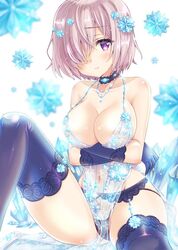  artoria_pendragon_(fate) artoria_pendragon_(lancer_alter)_(fate) artoria_pendragon_(lancer_alter)_(royal_icing)_(fate) artoria_pendragon_(lancer_alter)_(royal_icing)_(fate)_(cosplay) bare_shoulders black_panties blush breast_hold breasts choker closed_mouth collarbone commentary_request cosplay crossed_arms crystal embarrassed fate/grand_order fate_(series) female garter_belt gem gloves hair_between_eyes hair_ornament hair_over_one_eye jewelry lace lace-trimmed_legwear lace_trim large_breasts lingerie looking_at_viewer mash_kyrielight navel necklace panties pink_hair purple_eyes revealing_clothes see-through short_hair solo thighhighs underwear uonuma_yuu 