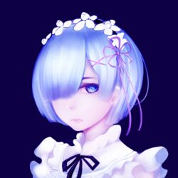  blue_eyes blue_hair commentary english_commentary female hair_ornament hair_over_one_eye hairband highres looking_at_viewer maid md5_mismatch portrait re:zero_kara_hajimeru_isekai_seikatsu rebyo rem_(re:zero) self-upload short_hair simple_background solo 