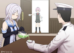  2girls ^_^ admiral_(kantai_collection) bike_shorts black_eyes black_gloves black_hair black_legwear blush braid brown_footwear closed_eyes commentary cup desk elbow_gloves empty_eyes faceless faceless_male gloves green_tea hat kantai_collection kneehighs military military_uniform misumi_(niku-kyu) multiple_boys multiple_girls open_door peaked_cap pink_hair pouring school_uniform shiranui_(kantai_collection) shirt shoes short_sleeves shorts shorts_under_skirt silver_hair single_braid sleeveless sleeveless_shirt tea teacup teapot umikaze_(kantai_collection) uniform vest white_gloves 