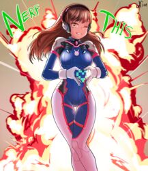  ;) backlighting bodysuit brown_eyes brown_hair commentary d.va_(overwatch) english_commentary explosion facial_mark female grin headphones heart heart_hands highres long_hair looking_at_viewer one_eye_closed overwatch overwatch_1 revision smile solo thigh_gap whisker_markings xion_(pulilulu) 