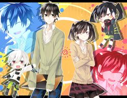  2boys 2girls black_hair commentary_request ene_(kagerou_project) enomoto_takane headphones kagerou_project kokonose_haruka konoha_(kagerou_project) long_hair mole mole_under_eye multiple_boys multiple_girls multiple_persona pineapple_(a30930s) red_eyes school_uniform short_hair twintails white_hair yuukei_yesterday_(vocaloid) 