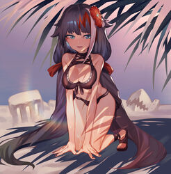  absurdres azur_lane bikini black_bikini black_hair blue_eyes breasts cleavage commentary_request deutschland_(azur_lane) deutschland_(service_time?!)_(azur_lane) female flower hair_flower hair_ornament highres kneeling large_breasts long_hair multicolored_hair official_alternate_costume red_hair sandals sb_lama solo streaked_hair swimsuit very_long_hair white_hair 