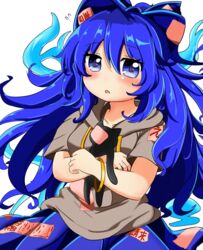  bad_id bad_pixiv_id blue_eyes blue_fire blue_hair blue_skirt blush bracelet collarbone cowboy_shot crossed_arms drawstring female fire flying_sweatdrops grey_hoodie hair_between_eyes hair_ribbon hood hoodie jewelry long_hair looking_at_viewer messy_hair motsu_(selshia12) open_mouth ribbon simple_background skirt solo stuffed_animal stuffed_cat stuffed_toy touhou very_long_hair white_background yorigami_shion 