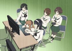  5girls akiyama_yukari black_bow black_bowtie black_hair black_socks bow bowtie brown_eyes brown_hair cable cent_u chair collarbone commentary computer computer_mouse crossed_arms expressionless folding_chair from_above girls_und_panzer green_skirt hairband headset highres isuzu_hana kneehighs long_sleeves monitor multiple_girls nishizumi_miho ooarai_school_uniform reizei_mako school_uniform serafuku shoes sitting skirt socks takebe_saori white_footwear world_of_tanks 