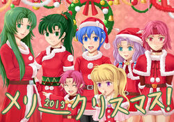  2013 6+girls :d ^_^ armor bad_id bad_pixiv_id bell belt blonde_hair blue_eyes blue_hair bow cecilia_(fire_emblem) choker circlet clarine_(fire_emblem) clasp closed_eyes earrings facial_mark fae_(fire_emblem) fire_emblem fire_emblem:_the_binding_blade fire_emblem:_the_blazing_blade florina_(fire_emblem) forehead_mark gloves green_eyes green_hair gwendolyn_(fire_emblem) hair_tubes hat headband high_ponytail jewelry long_hair lyn_(fire_emblem) minerva_(fire_emblem) multiple_girls neck_bell open_mouth pantyhose pauldrons pazuzu438 photoshop_(medium) pink_hair pointy_ears ponytail purple_eyes purple_hair santa_costume santa_hat shanna_(fire_emblem) short_hair shoulder_armor smile translated wavy_hair winged_hat 