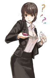  ? black_hair blazer bottle cellphone commentary_request female jacket ogros original pencil_skirt phone red_eyes see-through shirt short_hair simple_background skirt solo sweatdrop wet wet_clothes wet_shirt white_background 