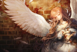  aka_tonbo_(lovetow) angel angel_wings blood braid brown_hair closed_eyes commentary_request dress feathered_wings feathers female long_hair lying on_back original photoshop_(medium) solo wings 