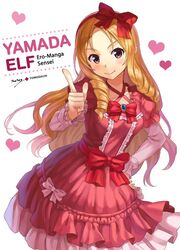  blonde_hair blush bow brown_eyes character_name commentary_request copyright_name dress drill_hair eromanga_sensei female frills hairbow hand_on_own_hip heart index_finger_raised lolita_fashion long_hair long_sleeves looking_at_viewer npcpepper red_bow signature smile solo upper_body yamada_elf 