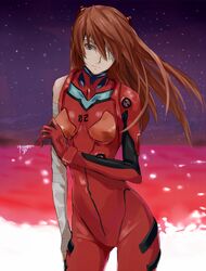  bandage_over_one_eye bandaged_arm bandages bare_shoulders blue_eyes bodysuit bracer brown_hair commentary contrapposto cowboy_shot female floating_hair gloves hair_ornament head_tilt lcl light_smile long_hair looking_at_viewer neon_genesis_evangelion night night_sky ogros pilot_suit plugsuit single_sleeve sky solo souryuu_asuka_langley standing star_(sky) starry_sky the_end_of_evangelion turtleneck 