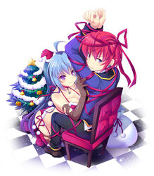  1boy ahoge arms_up bag bell bikini blue_hair bondage bondage boots bound bow breasts chair checkered_floor choker christmas christmas_tree cleavage commentary_request crusade_ashford elbow_gloves female femdom gloves hat hitomi_f._bookman jingle_bell knee_boots kneeling long_hair looking_back magical_halloween medium_breasts mini_hat mini_santa_hat pants pom_pom_(clothes) purple_eyes ribbon santa_bikini santa_costume santa_hat shoes sitting smile star_(symbol) straight swimsuit tilted_headwear tokinon 