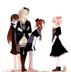  4girls akemi_homura akemi_homura_(black_dress) alternate_costume barefoot bent_over black_dress blonde_hair blue_eyes brown_hair clara_dolls_(madoka_magica) commentary_request dress eye_contact from_side funeral_dress hair_ribbon hanyae kaname_madoka looking_at_another magical_girl mahou_shoujo_madoka_magica mahou_shoujo_madoka_magica:_hangyaku_no_monogatari multiple_girls own_hands_together pantyhose pink_hair puffy_short_sleeves puffy_sleeves red_ribbon ribbon ringed_eyes short_sleeves simple_background smile spool twintails v_arms veil white_background 