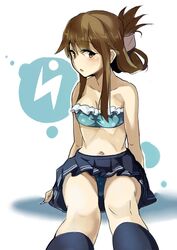  alternate_costume bandeau bare_arms bikini blue_skirt breasts brown_eyes brown_hair commentary_request crop_top female folded_ponytail frilled_bikini frills hair_between_eyes hair_ornament hairclip inazuma_(kancolle) kantai_collection kuzu_(miduhana) long_hair looking_at_viewer midriff navel open_mouth panties pantyshot pleated_skirt polka_dot polka_dot_bikini sitting skirt small_breasts socks solo swimsuit underwear 