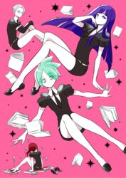  4others androgynous blue_eyes blue_hair book cairngorm_(houseki_no_kuni) cinnabar_(houseki_no_kuni) commentary_request elbow_gloves eyes_visible_through_hair falling gem_uniform_(houseki_no_kuni) gloves green_eyes green_hair grey_eyes grey_hair highres houseki_no_kuni lapis_lazuli_(houseki_no_kuni) long_hair looking_at_viewer mercury_(element) multiple_others nagano_rira necktie phosphophyllite pink_background red_hair short_hair white_eyes 