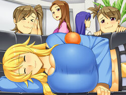  &gt;_&lt; 5girls :3 abs belt blonde_hair blue_shirt breast_envy breasts closed_eyes commentary_request food fruit futami_ami futami_mami hoshii_miki huge_breasts idolmaster idolmaster_(classic) kawanuma_uotsuri kisaragi_chihaya mandarin_orange minase_iori multiple_girls navel object_on_breast oppai_mochi orange_(fruit) shaded_face shirt siblings sisters sleeping smile sweatdrop twins 