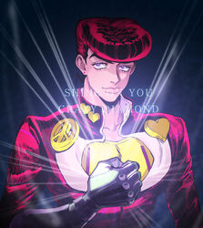  1boy brooch commentary_request crazy_diamond diamond_wa_kudakenai earrings gakuran glowing heart higashikata_josuke jewelry jojo_no_kimyou_na_bouken lips macaroni_(piyo4508) male_focus peace_symbol photoshop_(medium) pompadour purple_eyes red_hair school_uniform smile solo stand_(jojo) upper_body zipper 