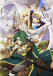  1boy ahoge asymmetrical_gloves black_gloves black_legwear blonde_hair blue_bow boots bow braid brown_eyes cloud cloudy_sky crop_top day elbow_gloves female gloves grancrest_senki green_hair grey_pants hairbow holding holding_sword holding_weapon key_visual long_hair looking_at_viewer midriff miniskirt navel official_art outdoors pants promotional_art purple_eyes siluca_meletes skirt sky smile stance stomach sword theo_cornaro thigh_boots thighhighs uneven_gloves weapon white_footwear 