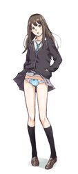  :o aqua_necktie black_socks black_sweater blue_bow blue_eyes blue_panties bow bow_panties brown_hair buttons collared_shirt commentary female full_body grey_skirt hands_in_pockets idolmaster idolmaster_cinderella_girls jewelry kaburagi_yuki kneehighs loafers long_hair long_sleeves looking_at_viewer miniskirt necklace necktie panties pantyshot pleated_skirt school_uniform shibuya_rin shirt shoes simple_background skirt socks solo standing striped striped_necktie sweater underwear upskirt white_background white_shirt 