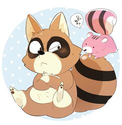  2018 anthro araiguma blush bono_bono brown_body brown_fur duo fur hyaku_(artist) japanese_text male mammal pink_body pink_fur procyonid raccoon rodent sciurid shimarisu sitting slightly_chubby text tree_squirrel 