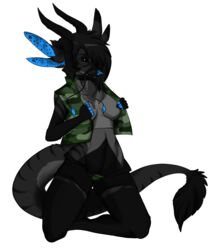  alpha_channel anthro biped clothed clothing collar dotsfa felid female half-closed_eyes horn hybrid jewelry kneeling mammal narrowed_eyes navel necklace simple_background solo transparent_background unzipped zipper 