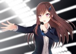  black_jacket blurry blurry_background brown_hair caopy123 commentary_request doumyouji_cocoa dress_shirt female floating_hair hair_ornament hairclip holding holding_microphone jacket long_hair microphone music open_clothes open_jacket open_mouth outstretched_arm purple_eyes riot_music shirt singing solo upper_body very_long_hair virtual_youtuber white_shirt 