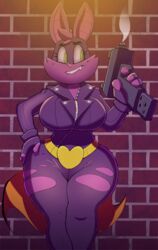  2017 4_fingers anthro bat belt big_breasts breasts eyebrows eyelashes female fingers green_eyes gun hi_res mammal ranged_weapon smile solo sophie_slam superhero vimhomeless weapon wide_hips 