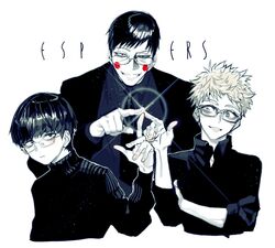  3boys bespectacled black_eyes black_hair black_jacket black_necktie black_shirt blue_shirt blunt_bangs blush_stickers closed_mouth collared_shirt commentary ekubo_(mob_psycho_100) finger_touching glasses grey_eyes grin hanazawa_teruki hand_on_own_arm hand_up hitodama holding_another&#039;s_arm index_finger_raised jacket kageyama_shigeo lens_flare light_particles long_sleeves looking_at_another looking_at_viewer looking_to_the_side makeup male_focus mob_psycho_100 multiple_boys necktie pale_skin pigeon666 pout psychic rimless_eyewear shirt simple_background sleeves_rolled_up smile swept_bangs trait_connection uneven_eyes upper_body white_background yoshioka_mamoru 