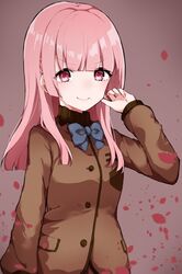  &gt;:) amari_misao blazer blue_bow blunt_bangs bow brown_jacket commentary_request fate/extra fate_(series) female highres hime_cut jacket long_hair long_sleeves looking_at_viewer mole mole_under_mouth petals pink_eyes pink_hair solo straight_hair takae_(poupee_en_biscuit) tsukumihara_academy_uniform_(fate/extra) v-shaped_eyebrows 