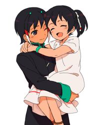  1boy bad_id bad_pixiv_id black_hair brother_and_sister closed_eyes dress female holding inazuma_eleven_(series) inazuma_eleven_go long_hair mabui_(poloon) open_mouth ponytail short_hair shuu&#039;s_sister shuu_(inazuma_eleven) siblings 